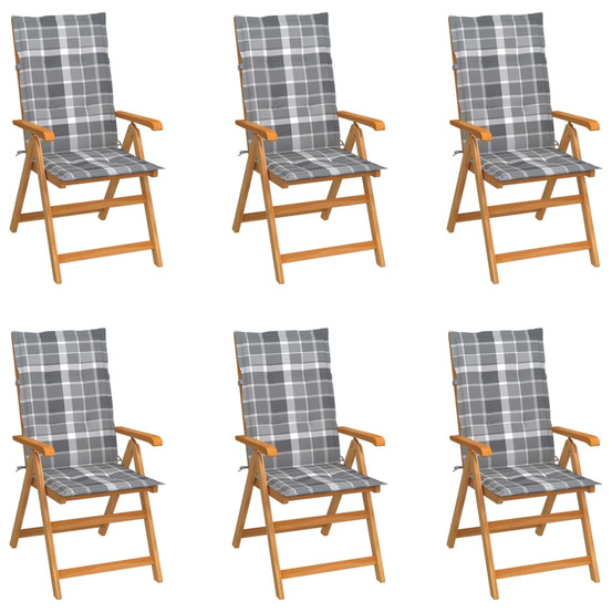 Chaises de jardin lot de 6 et coussins carreaux gris bois teck