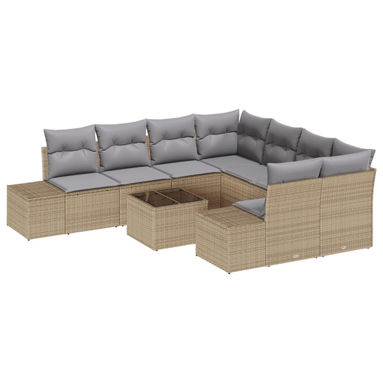 Ensemble de canapés de jardin 9 pièces avec coussins beige poly rattan