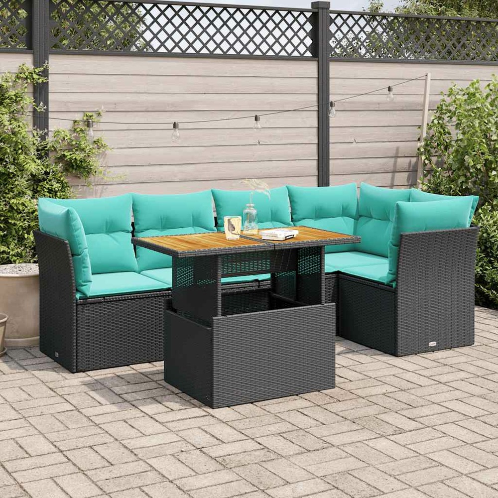 Salon de jardin 6 pcs avec coussins noir résine tressée