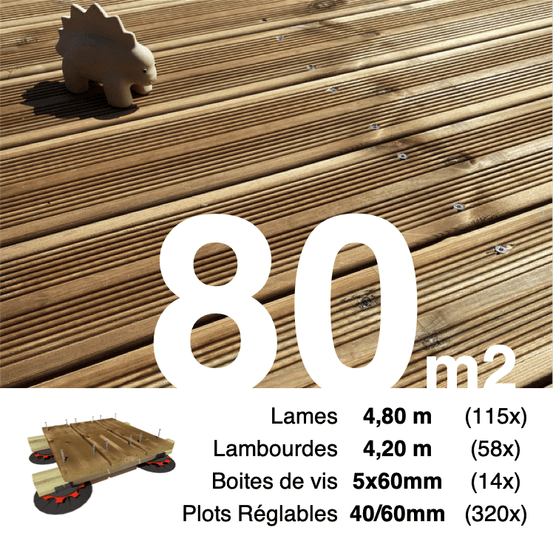 Kit complet terrasse pin autoclave marron pour 80 m², lames 4,8 m, lambourdes 4,2 m, plots réglables et visserie inox.