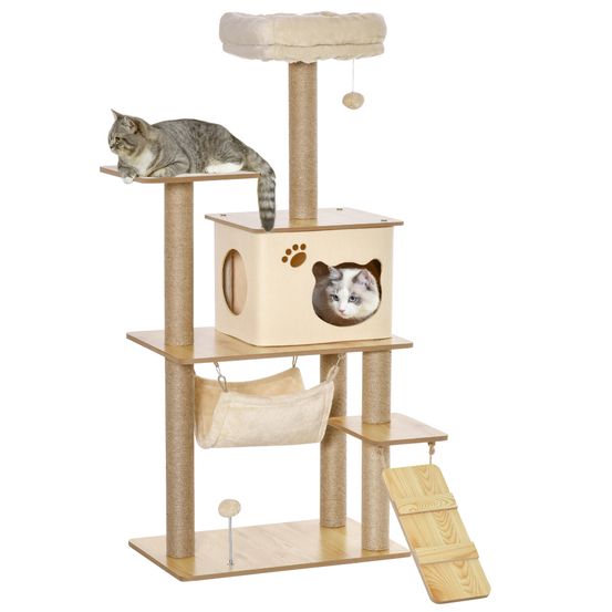 Arbre à chat 130 cm multi-niveaux avec hamac niche amovible et poteaux en jute beige