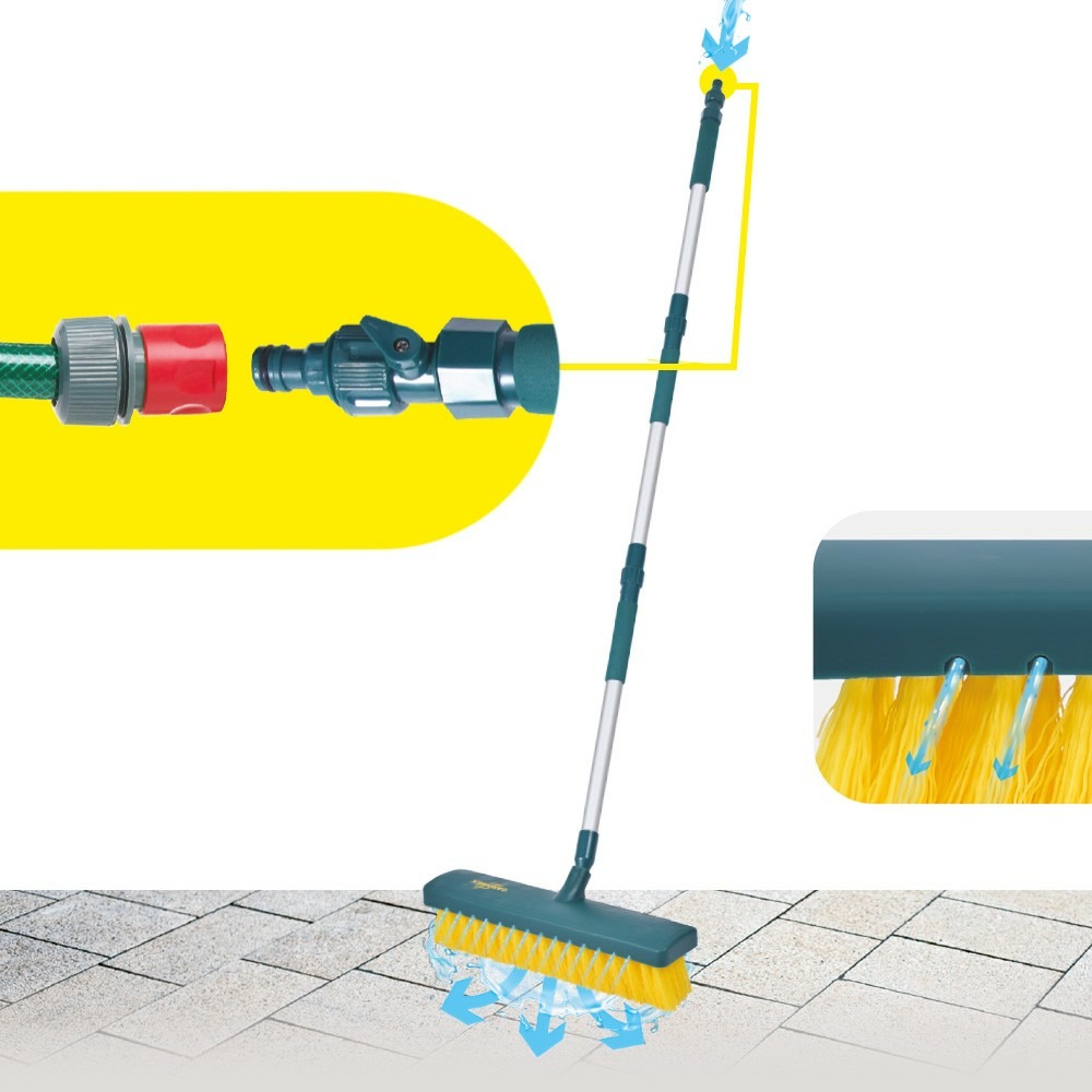 Balai brosse à jets jet brosse - | manche ajustable, raccord tuyau, nettoie et rince terrasses et extérieurs