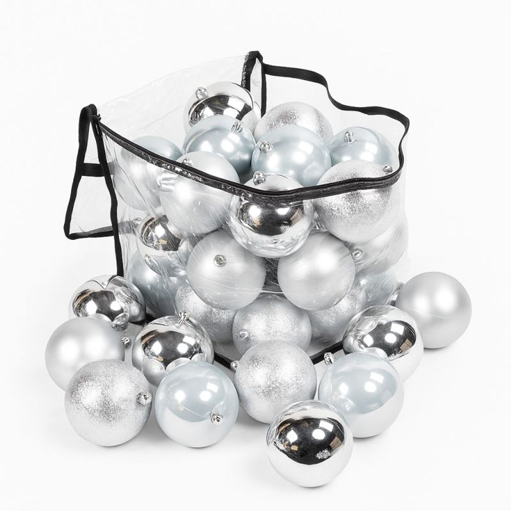 Lot de 27 boules de noël 12cm argent (7 brillantes, 7 mates, 7 texturées, 6 opalines)