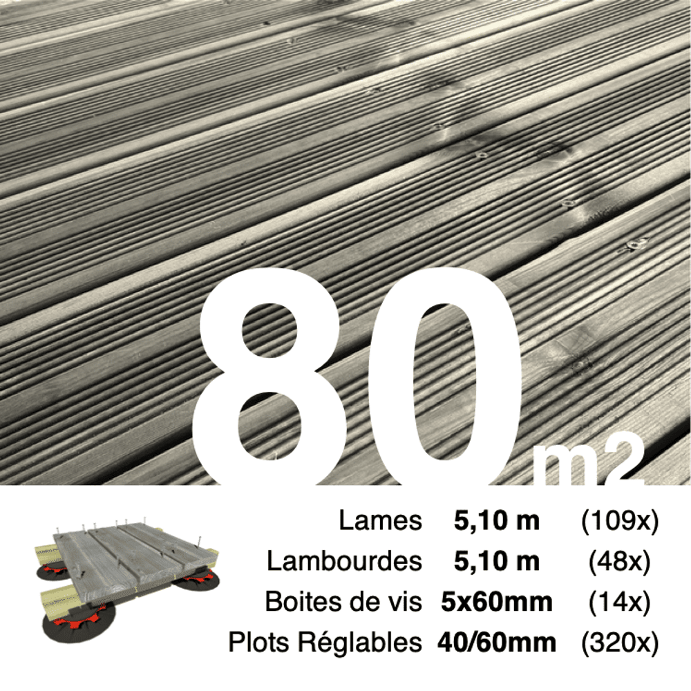 Kit complet terrasse pin autoclave gris pour 80 m², lames 5,1 m, lambourdes 5,1 m, plots réglables et visserie inox.