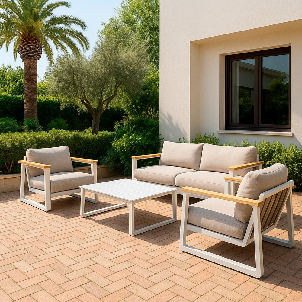 Set salon exterieur creme divan 2 places 2 fauteuils et coussins hydrofuges