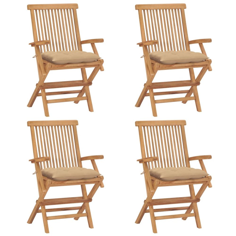Chaises pliantes avec coussins beiges, 4 pièces, en teck massif