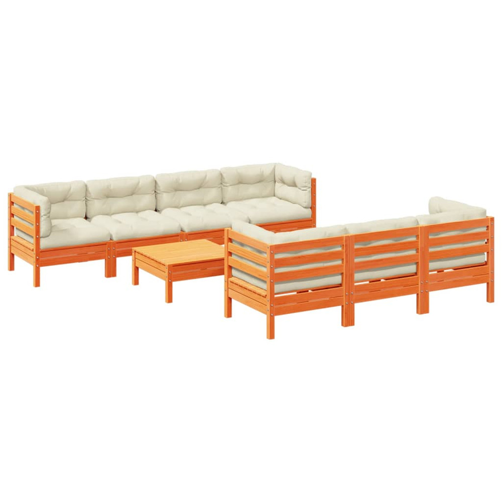 Salon de jardin 8 pcs avec coussins marron cire bois pin massif