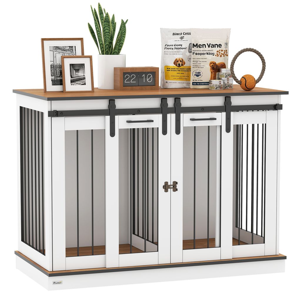 Cage meuble pour chien acier et bois blanc 120 x 60 x 88,5 cm double espace sécurisé - comfortxl outdoor living
