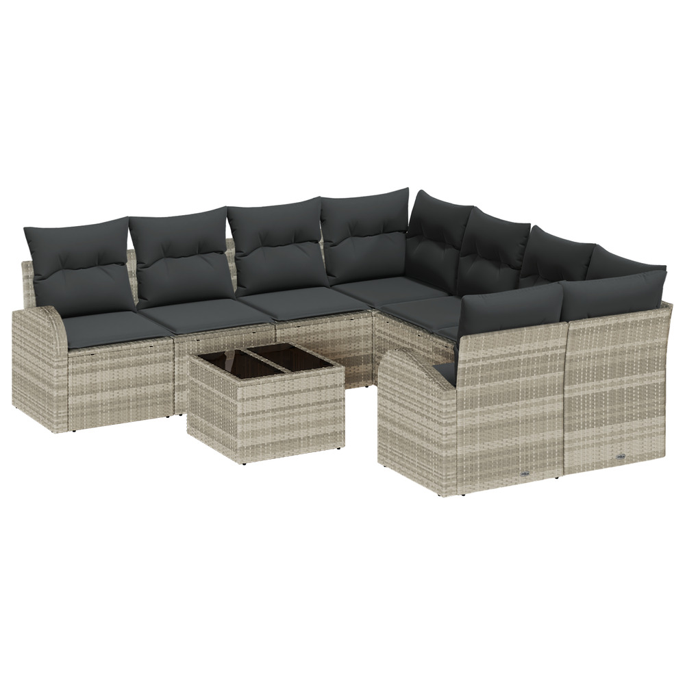 Ensemble de canapé de jardin 9 pièces avec coussins gris clair poly rattan