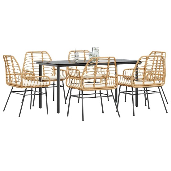 Ensemble à manger jardin coussins 7pcs marron poly rotin verre