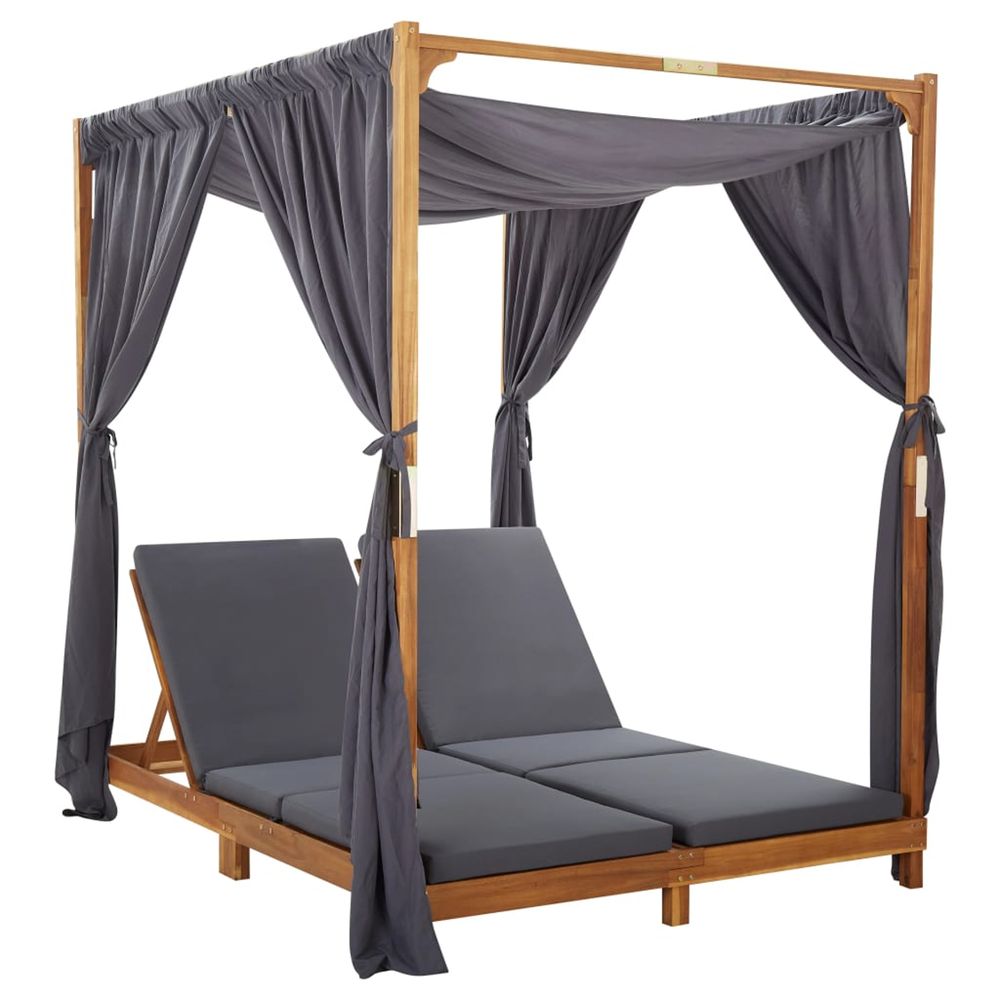 Chaise longue double avec rideaux et coussins bois d'acacia bain de soleil