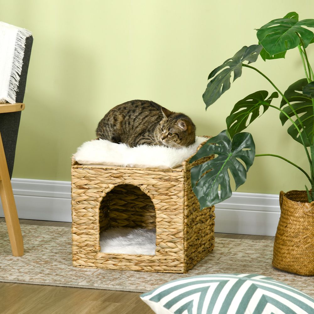 Niche pour chat 2 niveaux en fibres végétales tressées 37,5 x 37,5 x 41,5 cm marron crème avec 2 coussins