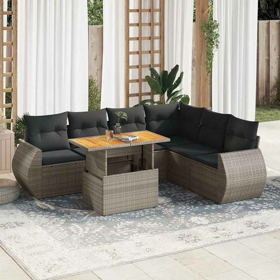 Salon de jardin avec coussins 7 pcs gris résine tressée