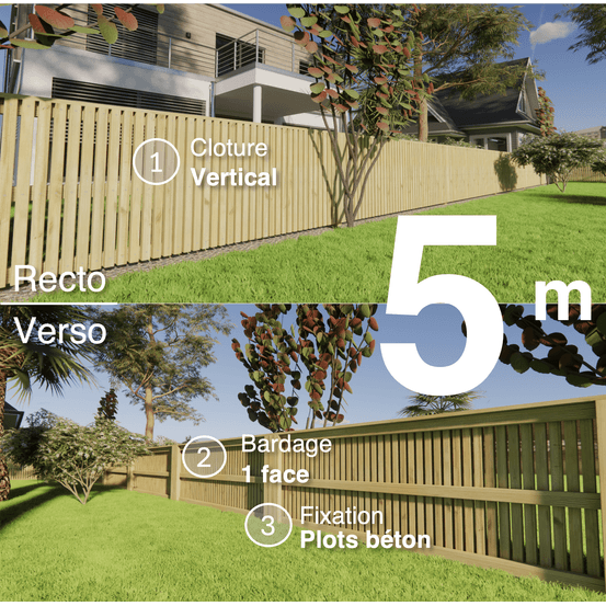Kit clôture bois moderne 5m – h 0,9m – 45 x 45 mm autoclave – pose vertical – simple face – à sceller