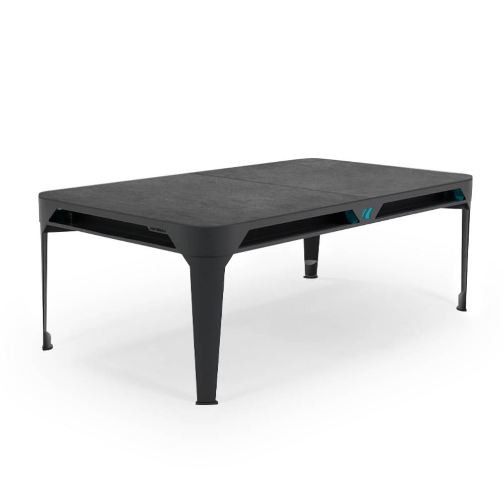 Billard d'extérieur convertible hyphen outdoor noir / tapis gris foncé / réceptacles : bleu d'eau / plateaux : décor minéral