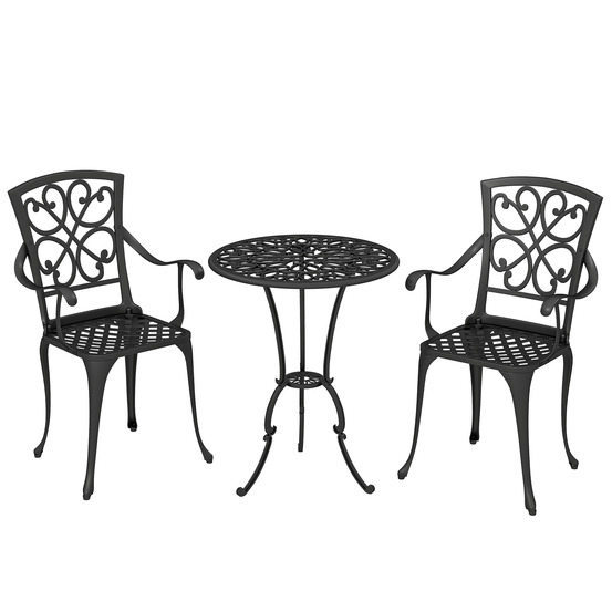 Ensemble bistro de jardin 3 pièces : table ronde + 2 chaises, trou parasol, aluminium moulé antique