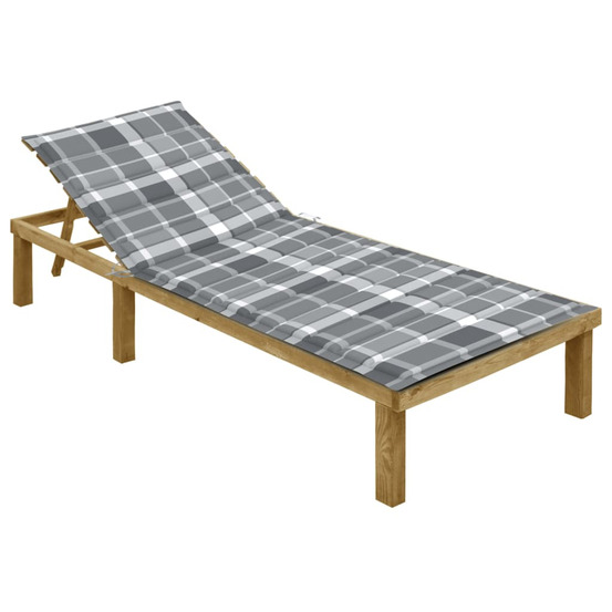Chaise longue avec coussin carreaux gris bois de pin imprégné bain de soleil