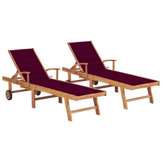 Chaises longues lot de 2 et coussin rouge bordeaux teck solide