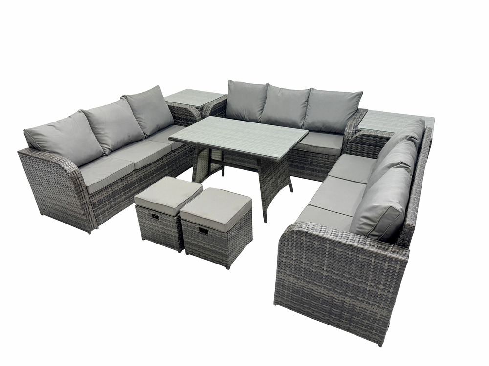 Salon de jardin 11 places ensemble de canapés en rotin avec 2 tables d'appoint table à manger 2 petits tabourets gris foncé mixte