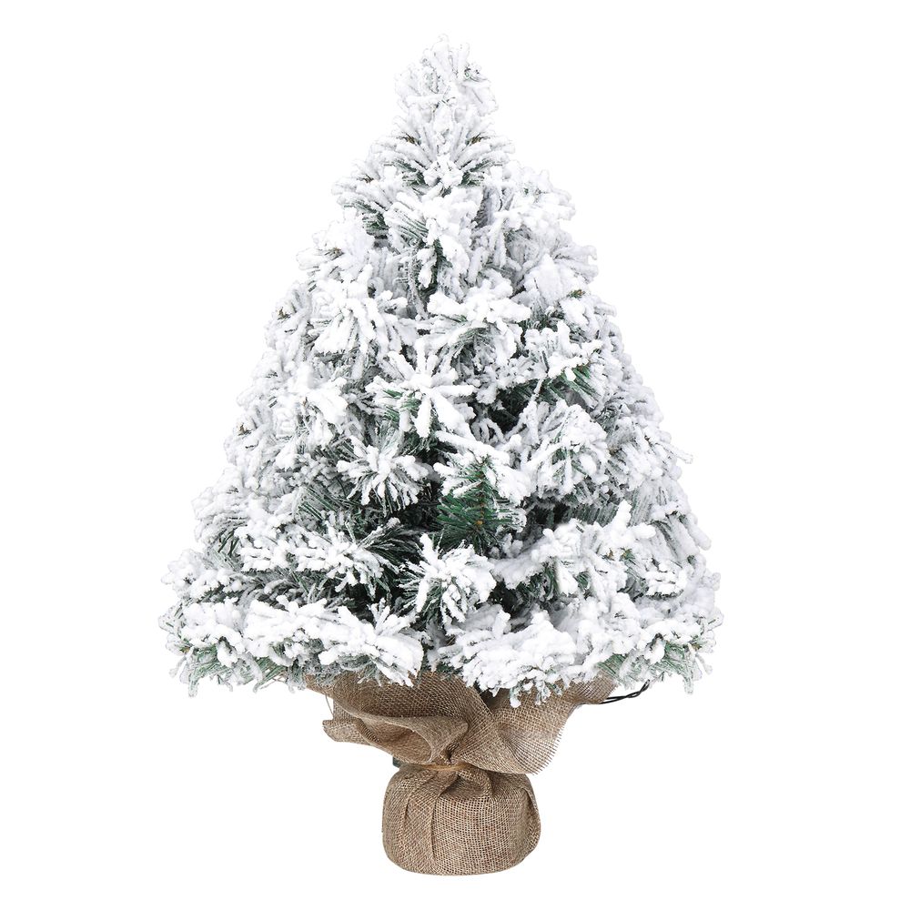 Sapin de noël floqué vert 16in 40cm 30 led blanc chaud 3 modes piles 50 branches pvc – décorations et base coton lin incluses