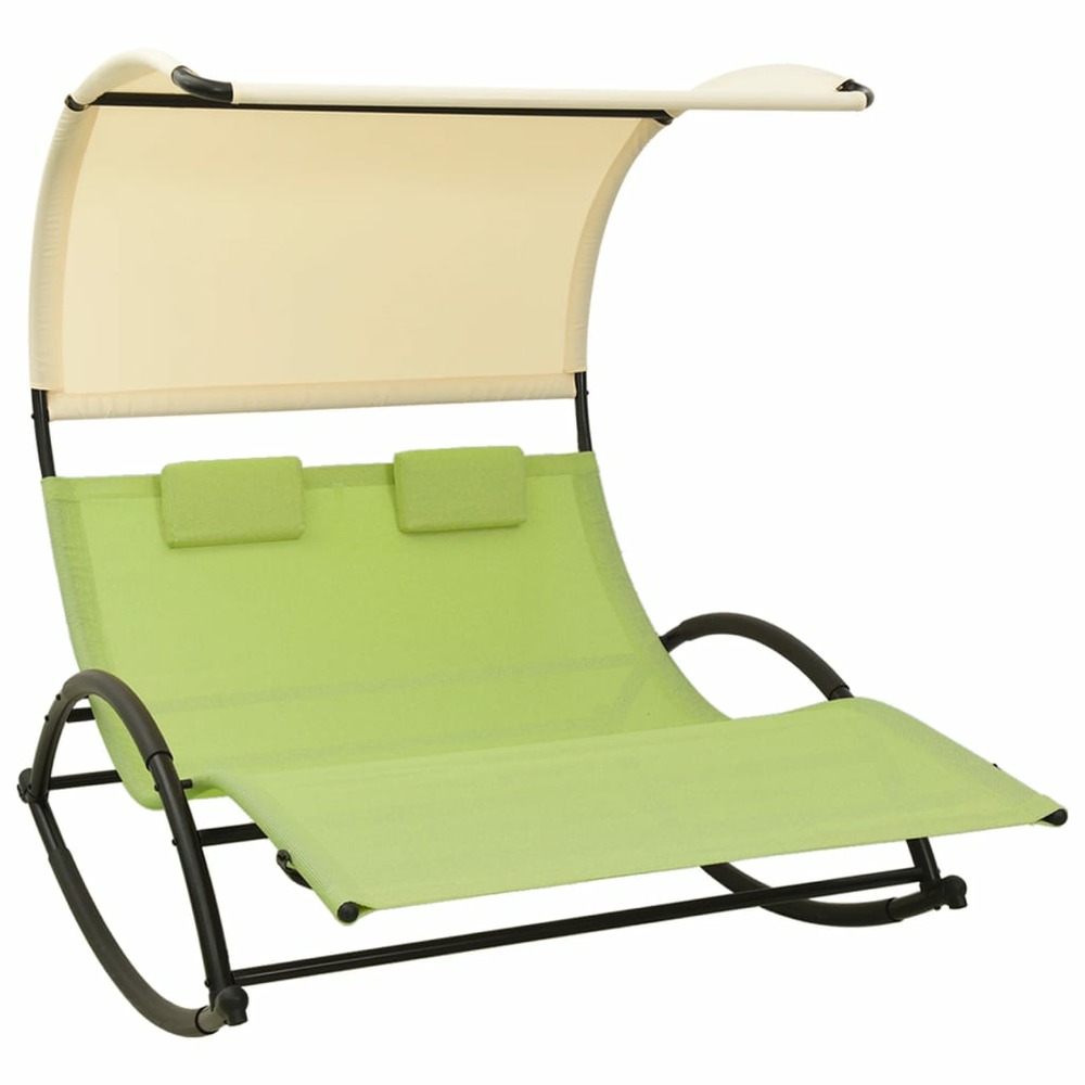 Transat chaise longue bain de soleil lit de jardin terrasse meuble d'extérieur double avec auvent textilène vert et crème 02_