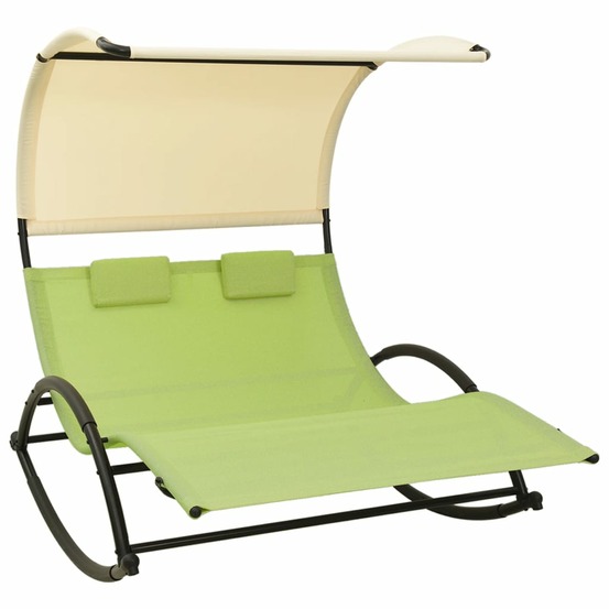 Transat chaise longue bain de soleil lit de jardin terrasse meuble d'extérieur double avec auvent textilène vert et crème 02_