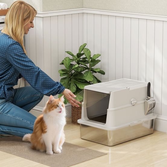 Maison de toilette chat acier inox pour grands chats anti-odeur 60x40cm gris