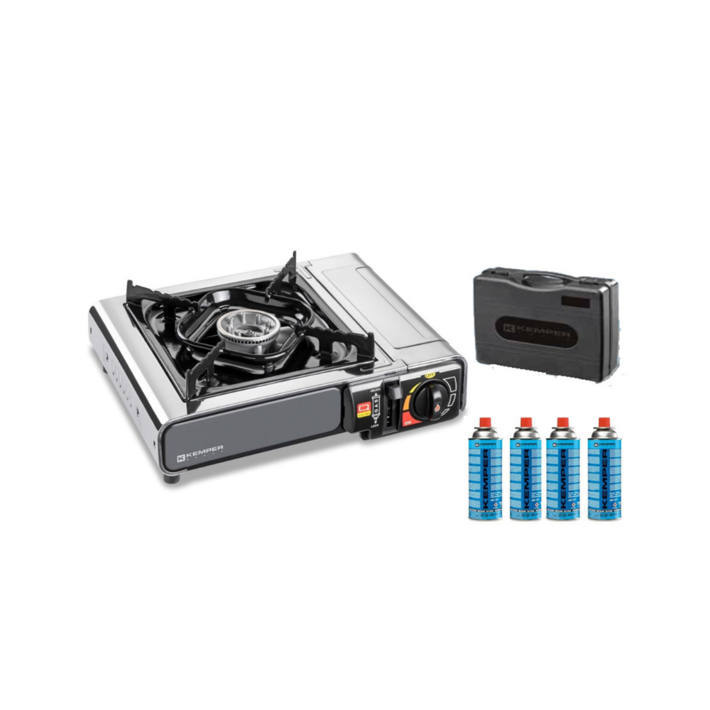Réchaud gaz portable inox kemper allumage piezo + 4 cartouches gaz