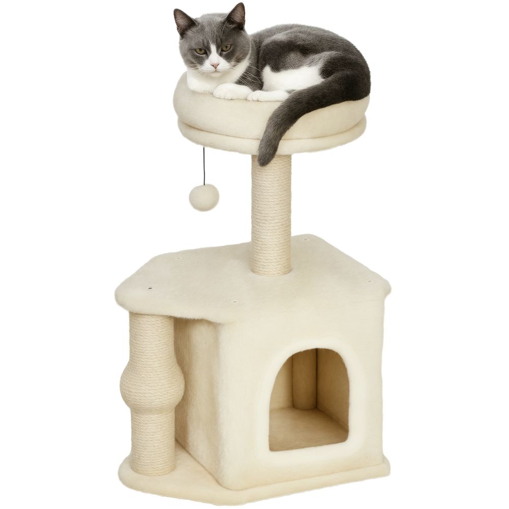 Arbre à chat compact 66cm avec niche panier et griffoir en jute pour chaton et petit chat beige