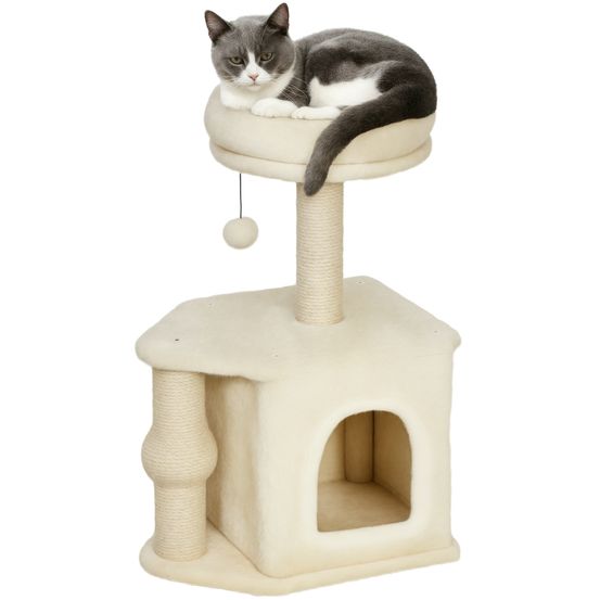 Arbre à chat compact 66cm avec niche panier et griffoir en jute pour chaton et petit chat beige