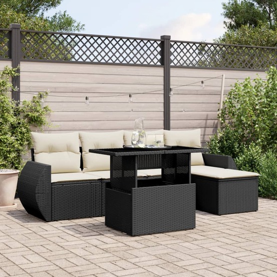 Salon de jardin 6 pcs avec coussins noir résine tressée