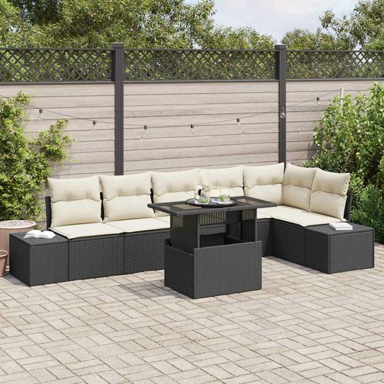 Ensemble de canapé de jardin avec coussin 7 pcs noir polyrotin