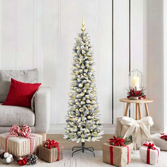Sapin de noël effet neige 150 cm, décoré avec 150 led blanc chaud et 61 boules