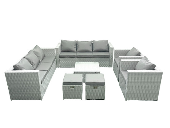 Salon de jardin en rotin avec 2 fauteuil table basse carrée 2 petits tabourets gris clair mixte