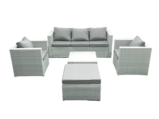 6 places salon de jardin avec canapé 3 places 2 chaise table basse carrée grand tabouret gris clair mixte