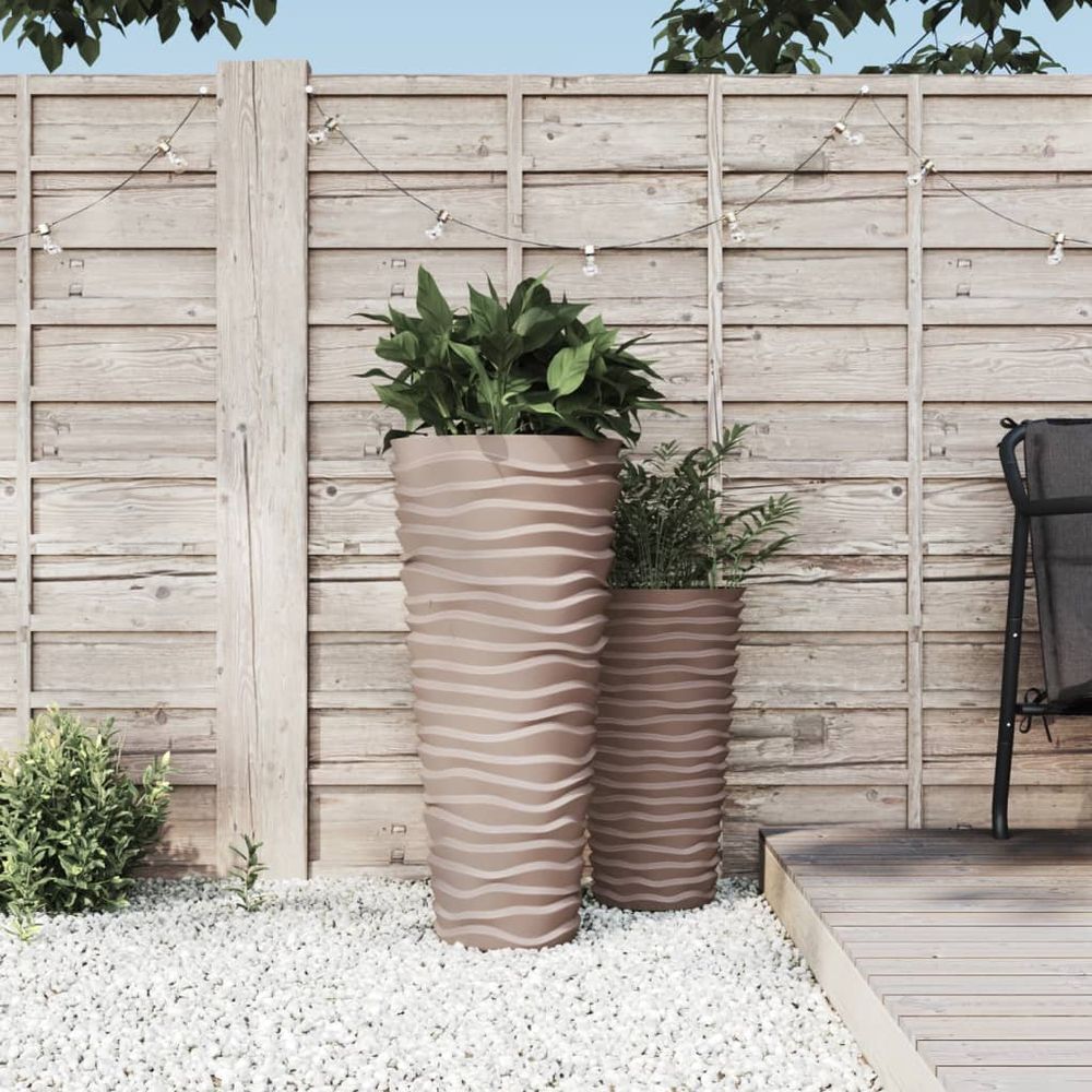 Grand pot de fleur haut design rainuré avec bac amovible 39x75 cm moka