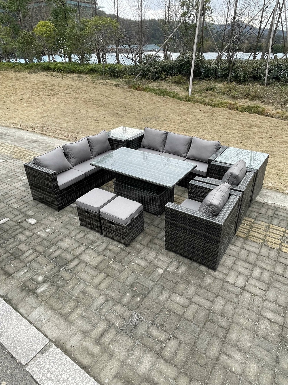 Ensemble de meubles de jardin en rotin d'extérieur 9 places table à manger réglable avec table d'appoint chaises gris foncé tabouret