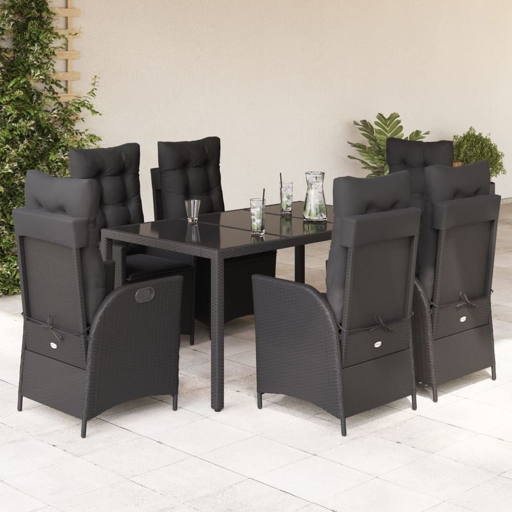 Ensemble à manger de jardin coussins 7pcs noir résine tressée