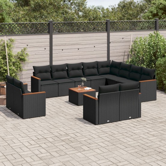 Salon de jardin avec coussins 13 pcs noir résine tressée