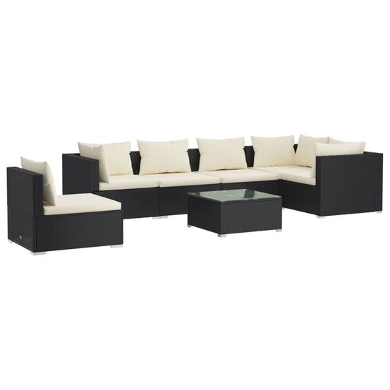 Salon de jardin 7 pcs avec coussins résine tressée noir
