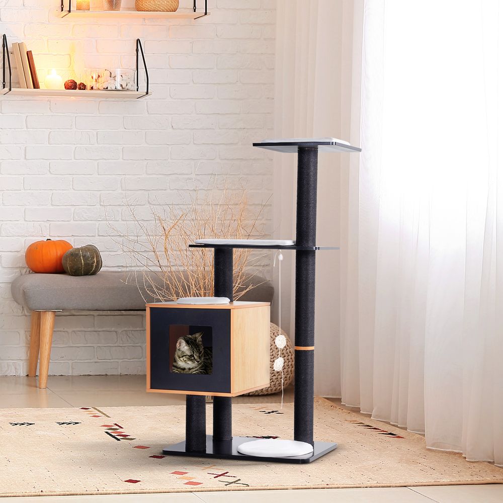 Chat arbre design contemporain griffoirs sisal centre activités niche plateformes boules suspendues 71,5x49,5x120cm MDF noir hêtre