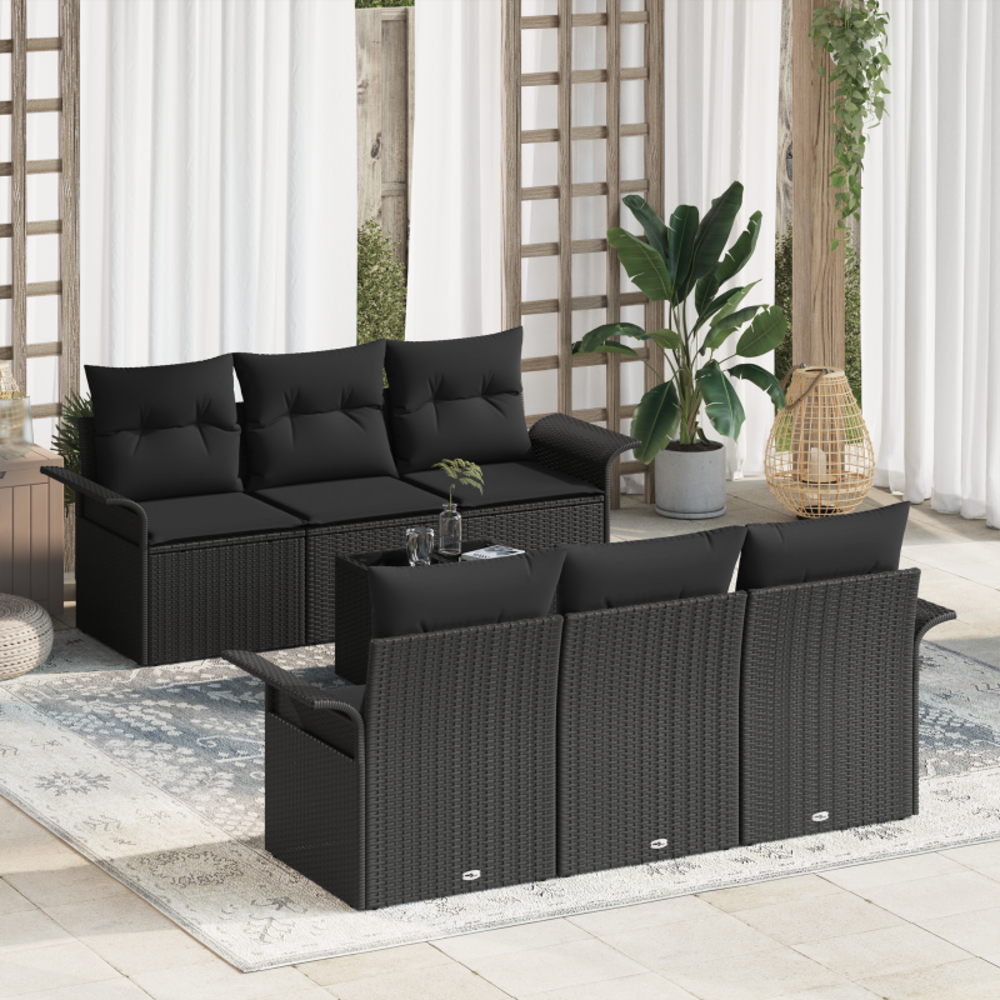 Ensemble de canapé de jardin 7 pièces avec coussins noir en poly rotin
