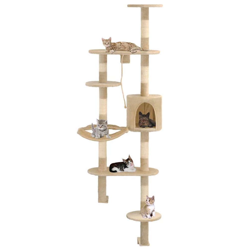Arbre à chat mural 194 cm avec griffoir sisal et niche gain de place beige