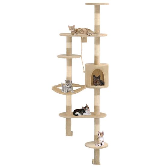 Arbre à chat mural 194 cm avec griffoir sisal et niche gain de place beige