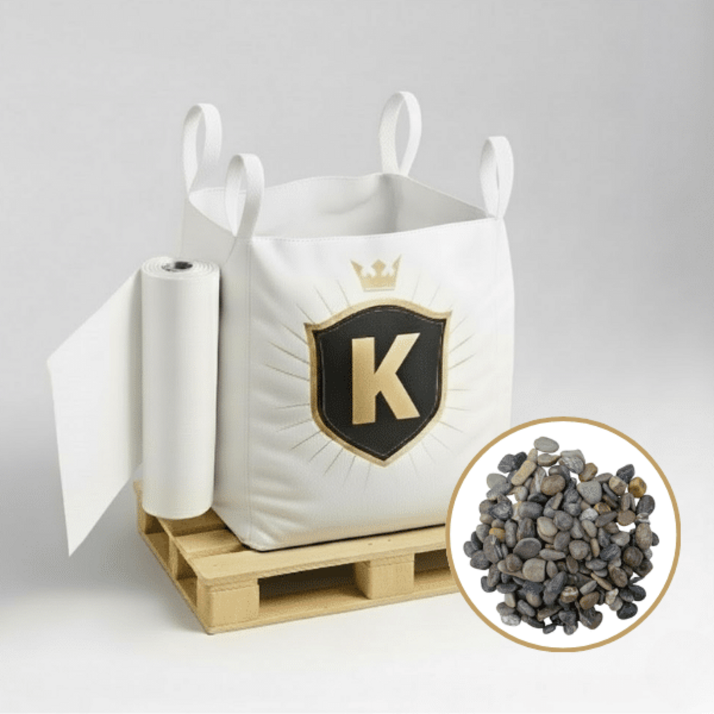 Kit galets gris + géotextile = 1 big bag galet lavé filtration 16/22.4 1,5t [environ 20m2 sur 5cm d'épaisseur] + 1 géotextile 25m2