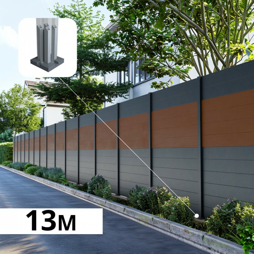 Kit clôture aluminium bahia & cruz teck 12,85x1,8m - aluminium et bois composite - poteaux sur platines gris - occultation