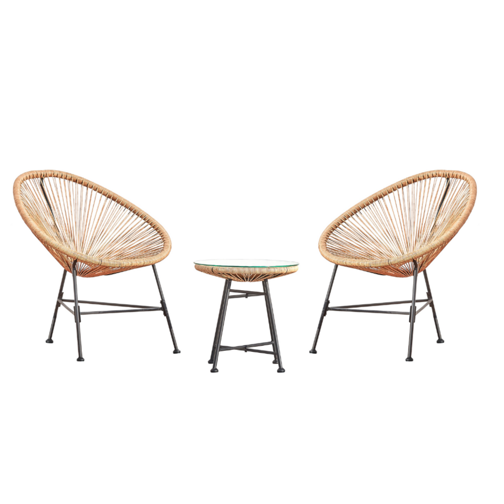 Salon de jardin 2 fauteuils ronds et table basse naturel acapulco