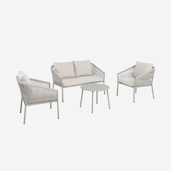 Salon de jardin beige mantova en acier et cordes en résine, 4 places, un canapé, deux fauteuils, une table ronde