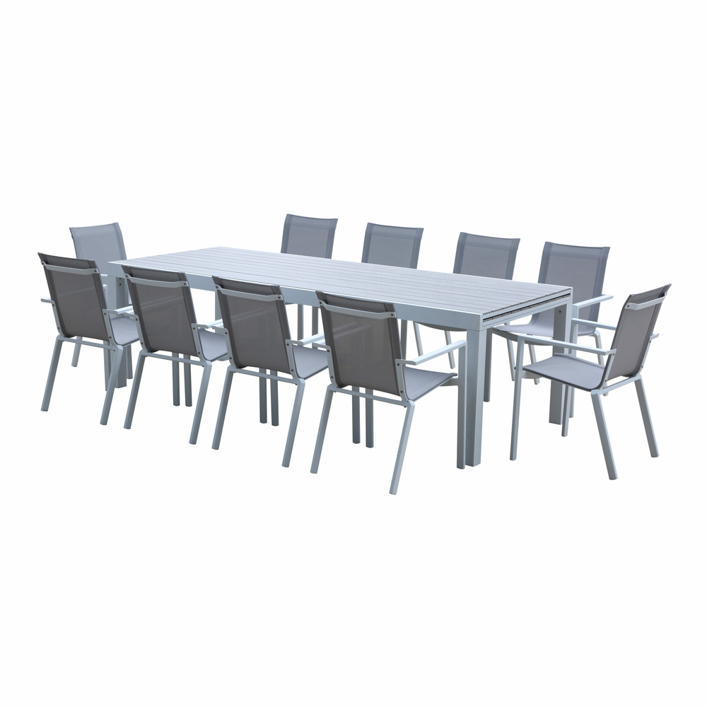 Ensemble tulum 10/14p en aluminium blanc et plateau en aluminium décors bois avec 10 fauteuils en textilène