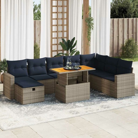 Salon de jardin avec coussins 9 pcs gris résine tressée acacia